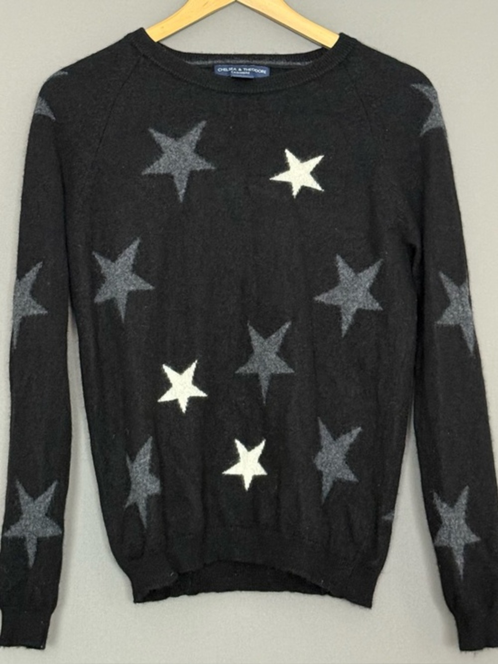 Chelsea & Theodore 100% Cashmere Star Celestial Sweater Womenâs Black Gray Large
